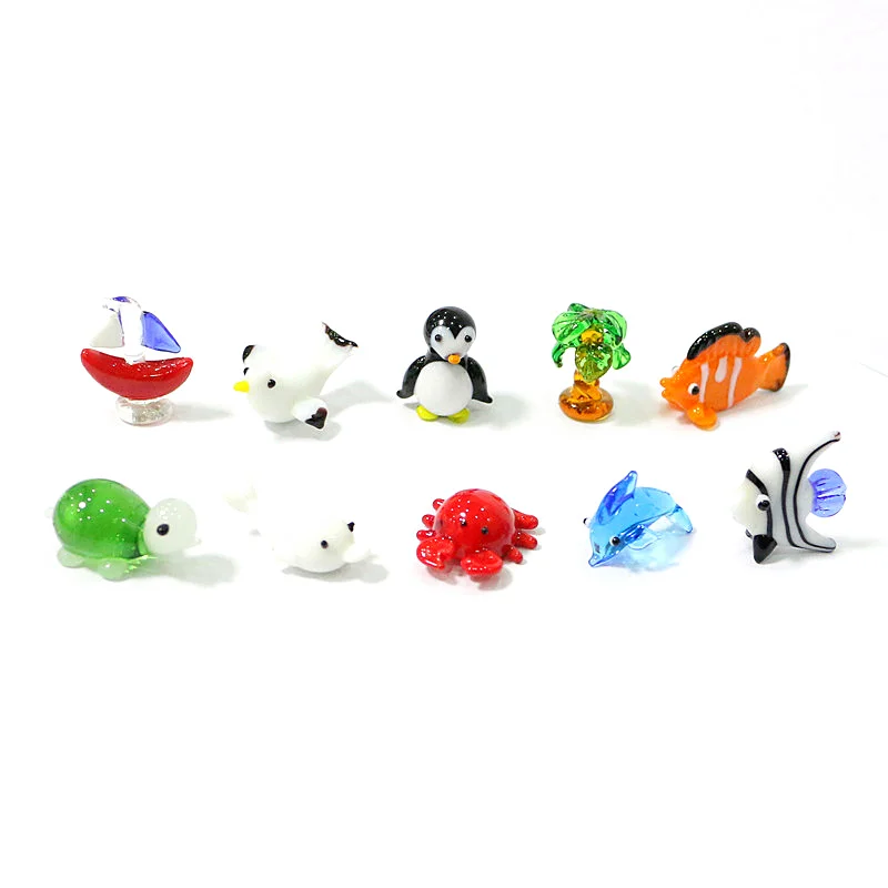 

10pcs Murano Glass Figurine Sailboats, Clown Fish, Coconut Trees, Tropical Fish, Penguins, Crabs, Tortoises, Dolphins, Seagulls