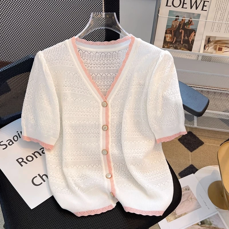 Summer Sweet Thin Knitted Cardigan Short Sleeve Women's 2023 New Short V-neck Colored T-shirt Top
Summer Sweet Thin Knitted Cardigan Short Sleeve Women's 2023 New Short V-neck Colored T-shirt Top