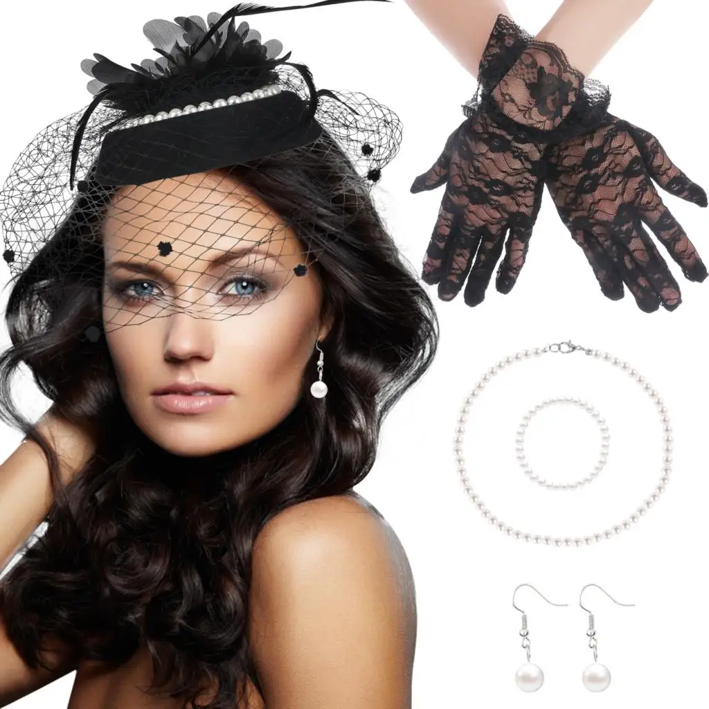 Womens Felt Hat Necklaces gloves Set Topper Mesh Fishnet Veil Small Point Decor Hair Clips Wedding Bridal Cocktail Headwear
Womens Felt Hat Necklaces gloves Set Topper Mesh Fishnet Veil Small Point Decor Hair Clips Wedding Bridal Cocktail Headwear