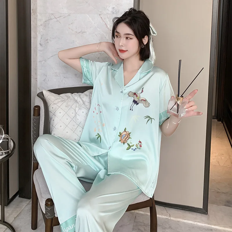 

Print Crane Pajamas Female Summer Nightwear Short Sleeve Pyjamas Suits Flower Sleepwear Casual Satin Home Clothes Loungewear