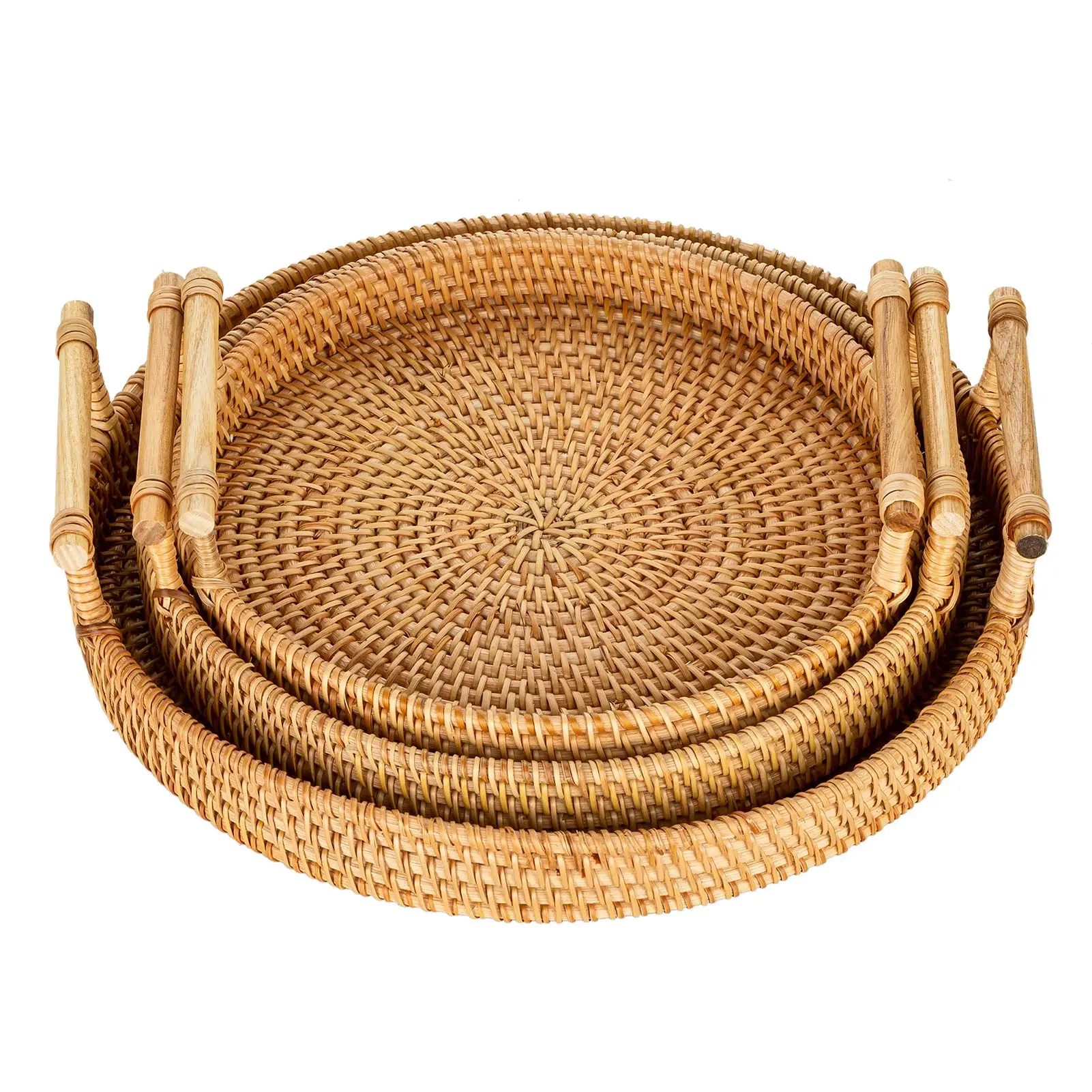 Handwoven Rattan Storage Tray With Wooden Handle Round Wicker Basket Bread Food Plate Fruit Cake Platter Dinner Serving Tray
Handwoven Rattan Storage Tray With Wooden Handle Round Wicker Basket Bread Food Plate Fruit Cake Platter Dinner Serving Tray