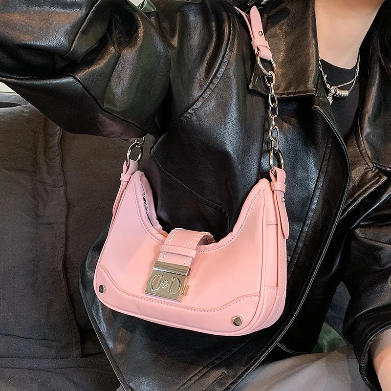 Y2K крутая женская сумка через плечо из искусственной кожи, однотонная сумка через плечо, новинка 2023, модная винтажная дамская сумочка с замк...