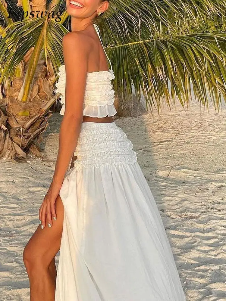 Vacation Beach Long Skirt Suits Sexy Off Shoulder Tie-Up Tube Tops And Pleat Ruffle Skirt Outfits Women Casual Loose 2 Piece Set
Vacation Beach Long Skirt Suits Sexy Off Shoulder Tie-Up Tube Tops And Pleat Ruffle Skirt Outfits Women Casual Loose 2 Piece Set