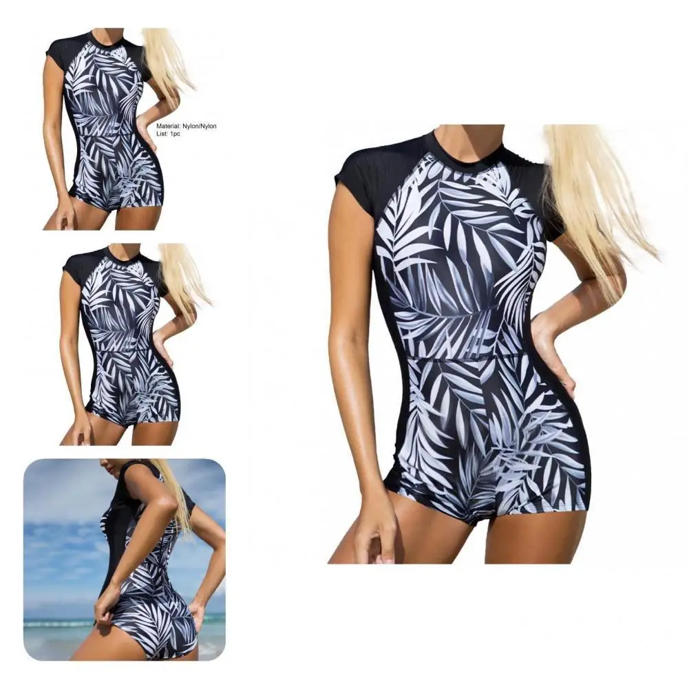 

Good Elasticity Attractive Leaf Print Stitching Summer Women Monokini Beachwear Bra Briefs Set Back Zipper for Beach