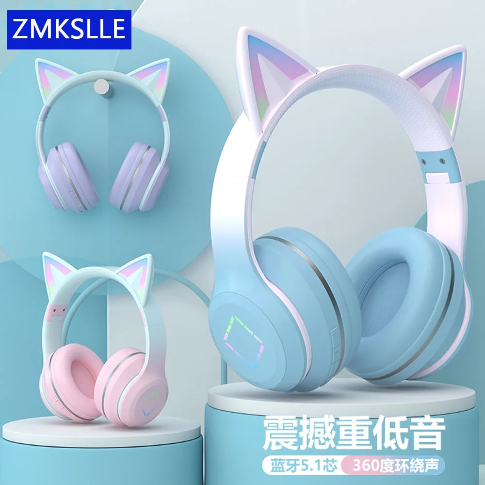

Bluetooth наушники с кошачьими ушками, Беспроводная музыкальная разноцветная светодиодная игровая гарнитура, наушники с шумоподавлением, детские рождественские подарки