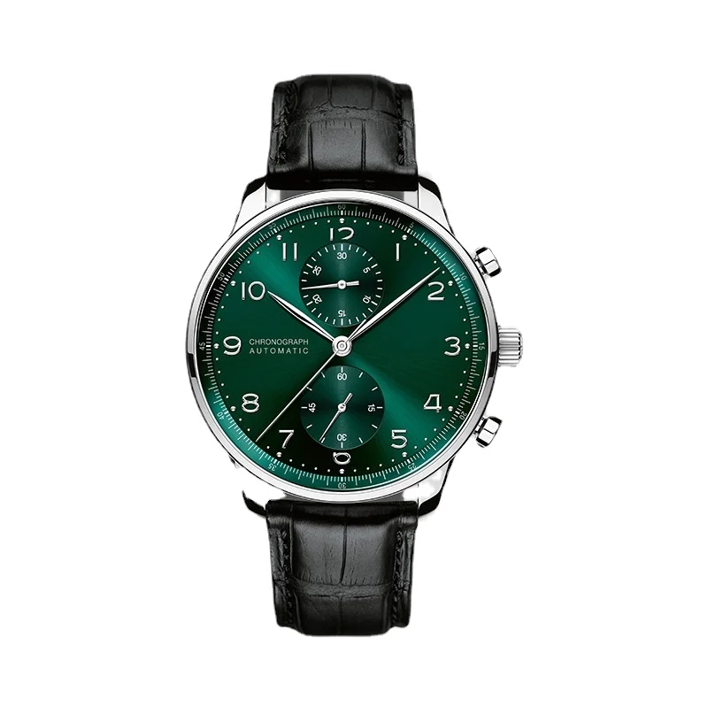 

Мужские спортивные часы, черные кожаные автоматические механические часы с зеленым циферблатом, универсальные