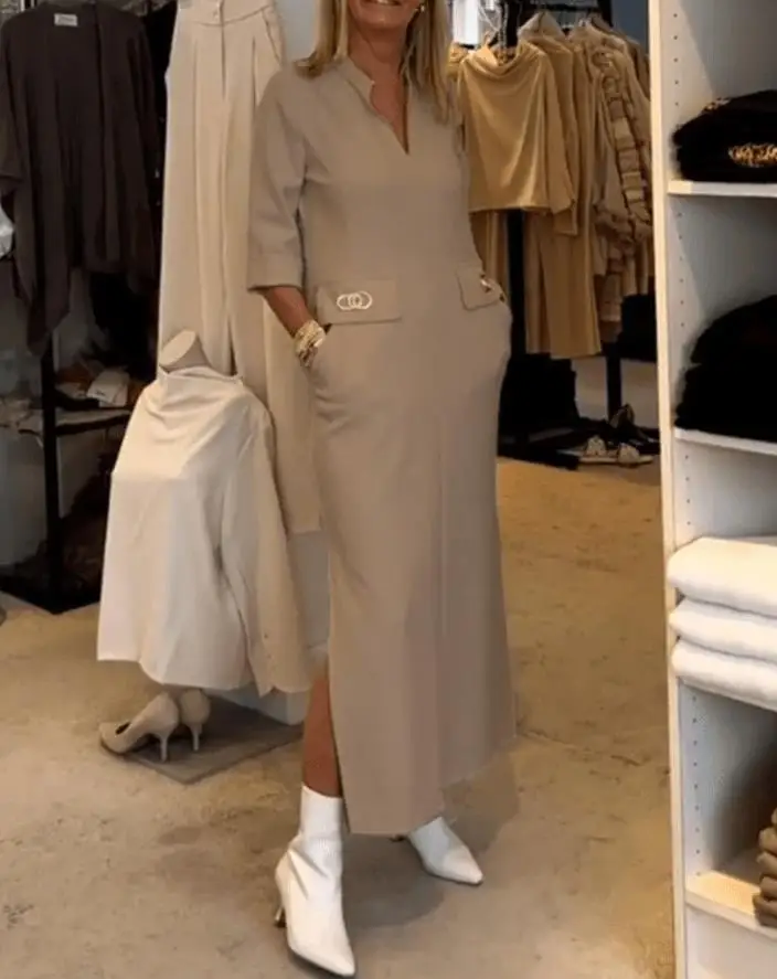 

Женское прямое платье 2023, модное простое темпераментное платье с лацканами, пуговицами и карманами, V-образным вырезом, рукавом три четверти, Свободное длинное платье