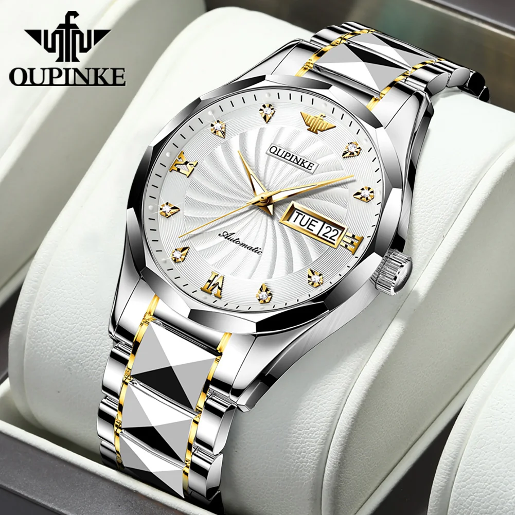 

OUPINKE Swiss Brand Luxury Men Watches Automatic Watch Mens Tungsten Steel Waterproof 5ATM Business Mechanical Wristwatch 3169