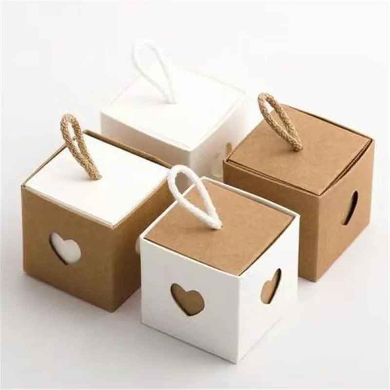 

50pcs/lot Love Heart Kraft Paper Box with Cut Window White Cardboard Chocolate Dragee Gift Boxes for Wedding Baby Party Favors