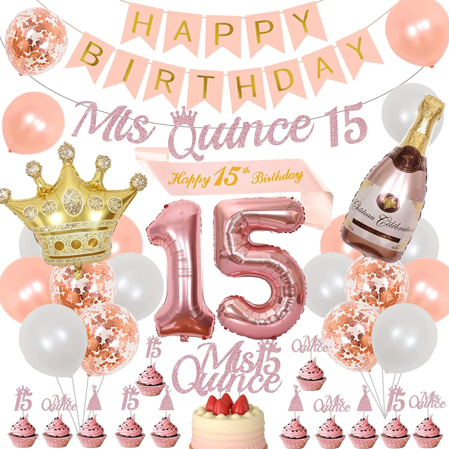 Happy 15th Birthday Decorations for Girl Rose Gold Mis Quince 15 Banner Cake Topper Cheers To 15th Decor for Fifteen Years Party
Happy 15th Birthday Decorations for Girl Rose Gold Mis Quince 15 Banner Cake Topper Cheers To 15th Decor for Fifteen Years Party