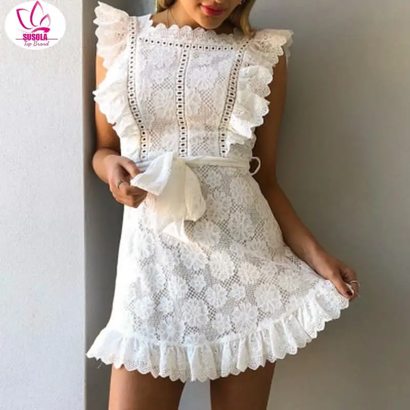 

SUSOLA Elegant Embroidery Lace Women Dress Hollow Out Sashes Ruffle White Summer Dress Slim Sexy Party Lady Dress Vestidos Lady