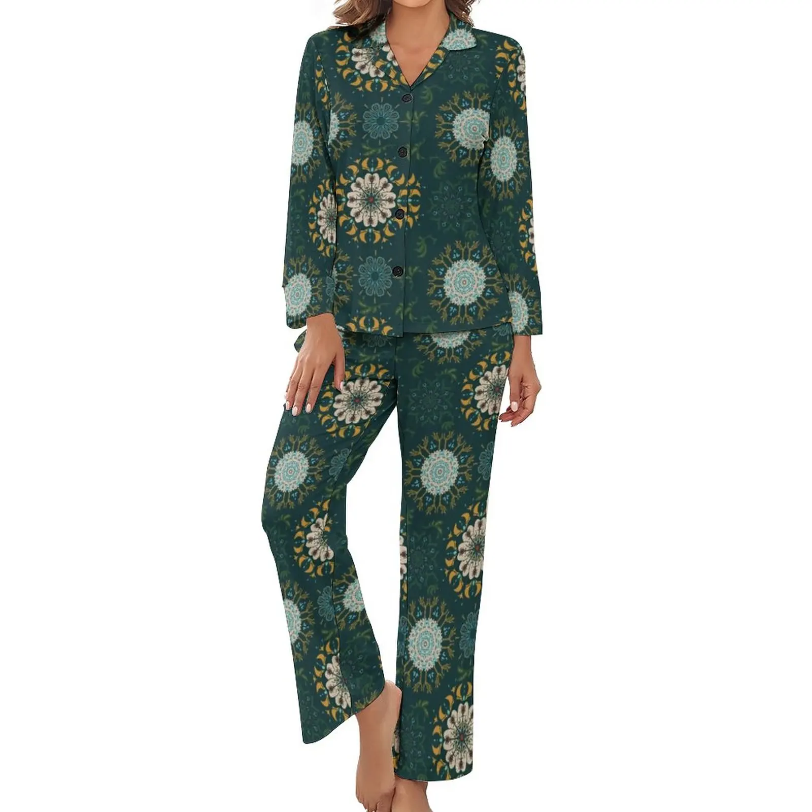 

Aves Mandala Pajamas Long Sleeve Retro Bohemia Print 2 Pieces Night Pajama Sets Spring Women V Neck Warm Home Suit