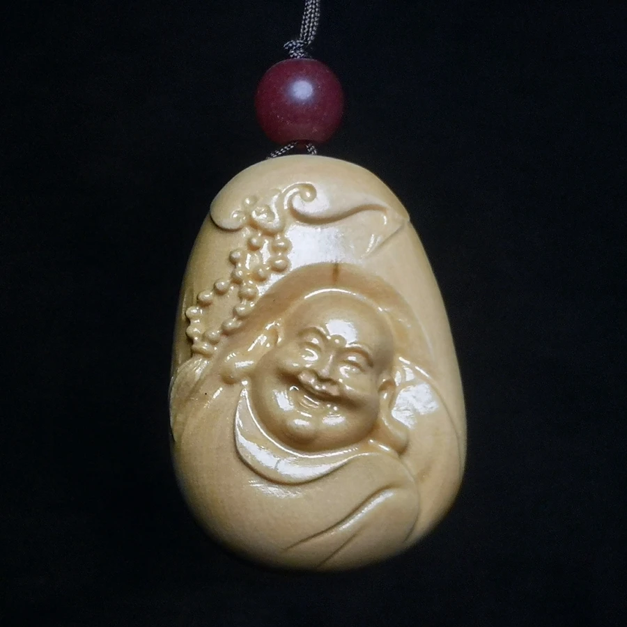 

YIZHU CULTUER ART Chinese boxwood Hand carved Happy Maitreya Buddha Statue Amulet Haversack necklace netsuke decorated Gift
