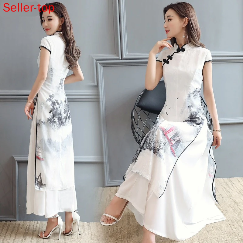 

Платье-Ципао женское шифоновое в китайском стиле, Элегантный Приталенный сарафан с пейзажным принтом, белое винтажное платье, на лето
