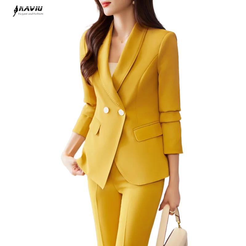 

NAVIU желтые костюмы для женщин новый осенний модный темпераментный Профессиональный деловой Тонкий пиджак и брюки комплекты Офисная Женская одежда для работы