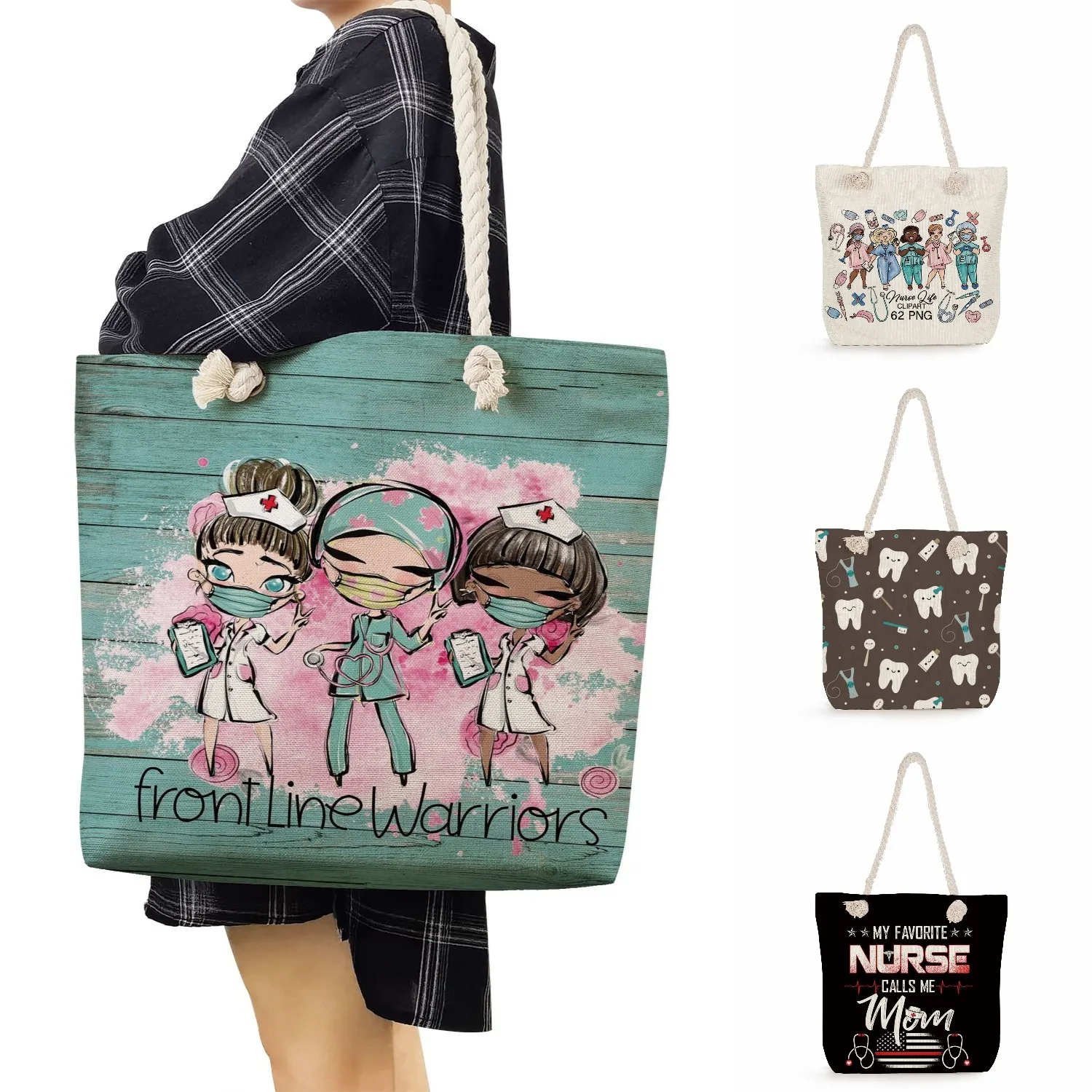 

Ladies Nurse Printed Handbags Cartoon High Capacity Women Shoulder Bag Eco Reusable Shopping Bag Travel Beach Bag Custom Pattern
