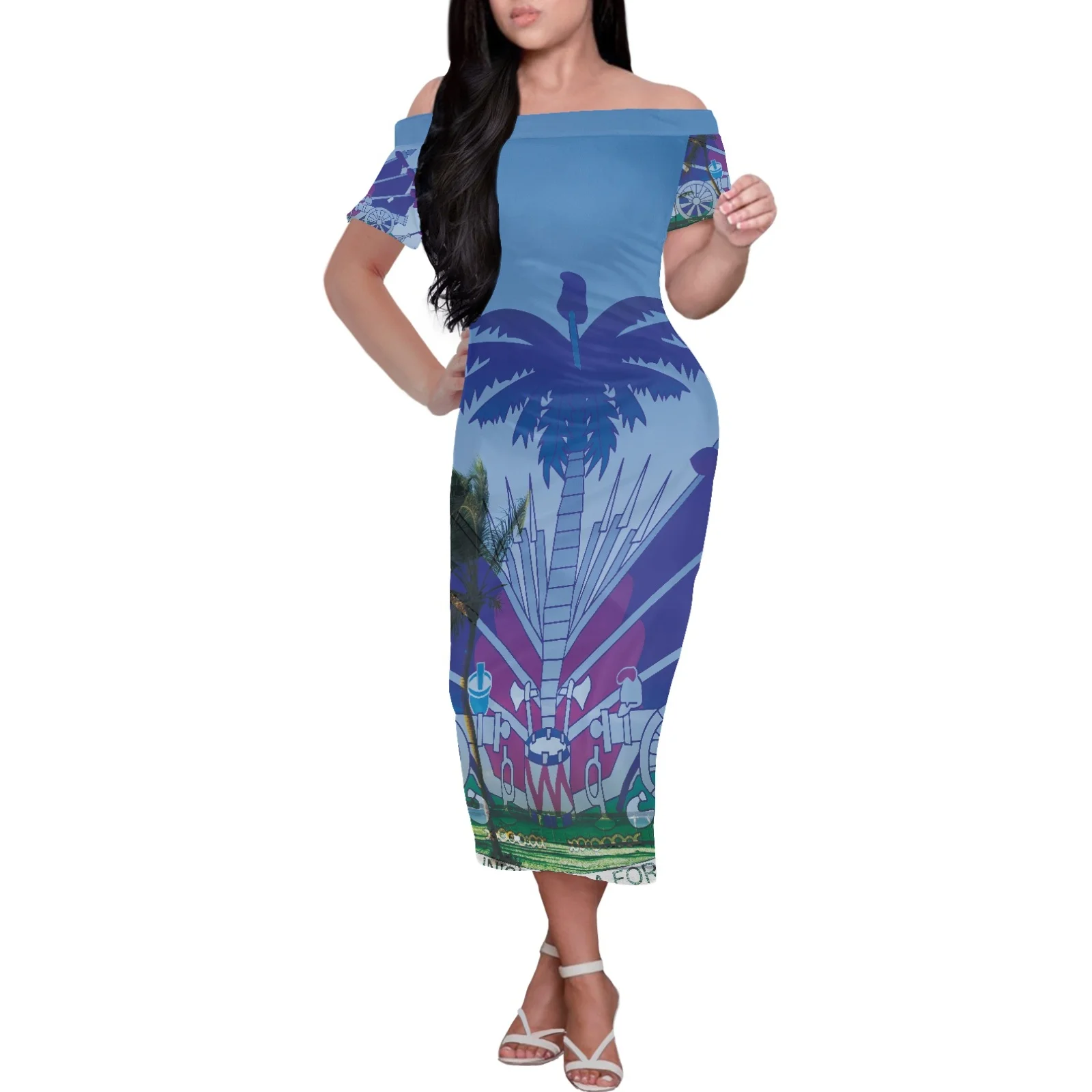 

Short Sleeve Off-The-Shoulder Dress Custom Polynesian Tribal Print Casual Tight Cheap Summer Women's Comfortable Home Wear