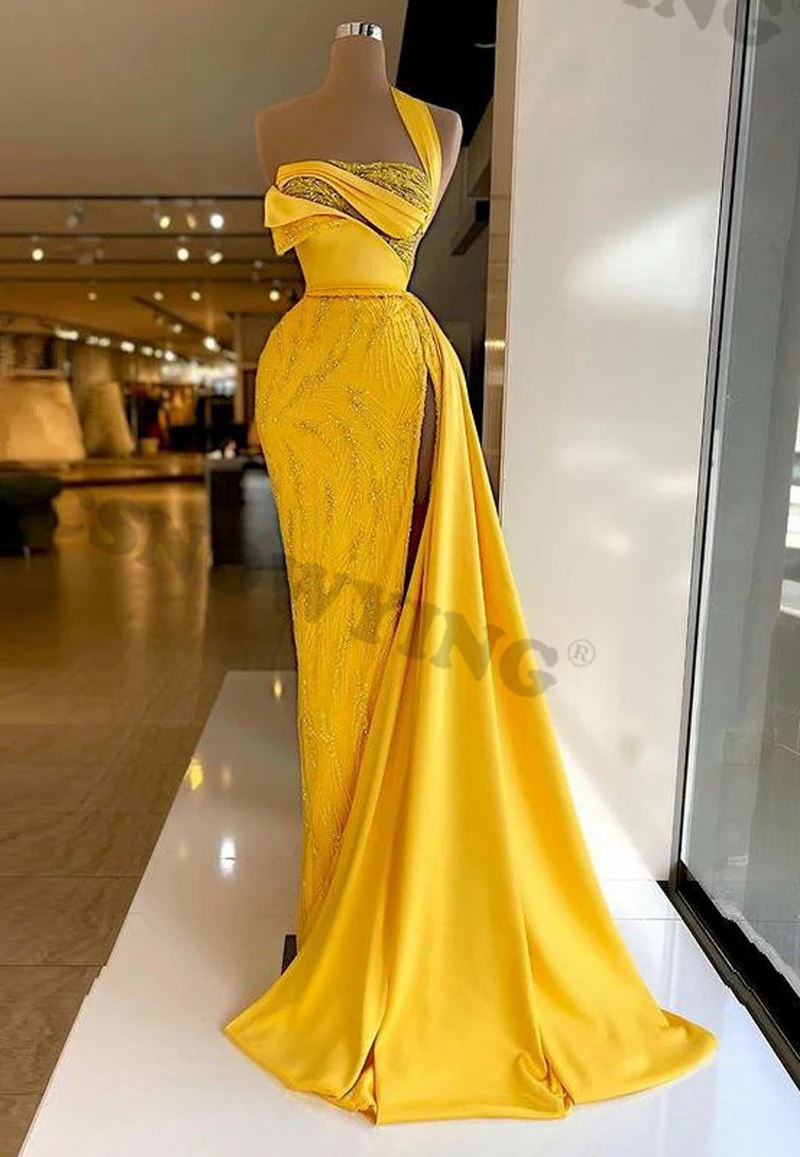 Sexy Mermaid Satin Appliques Beaded Prom Dresses One Shoulder with Slit Formal Evening Party Gown Women Robe De Soiree
Sexy Mermaid Satin Appliques Beaded Prom Dresses One Shoulder with Slit Formal Evening Party Gown Women Robe De Soiree