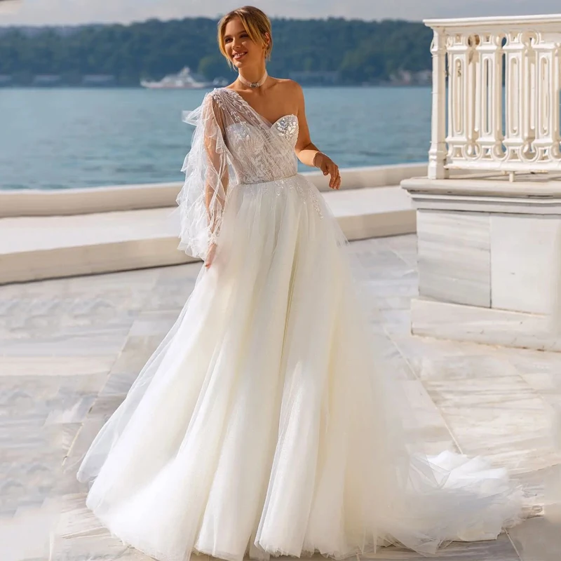 

Elegant Wedding Dress Sequined One Shoulder Sashes Exquisite Appliques A-Line Princess Mopping Gown Vestido De Novia Women
