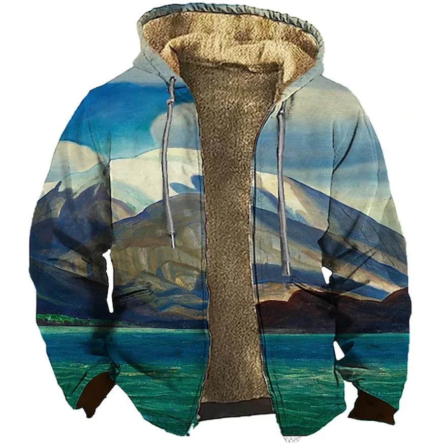 Мужская флисовая толстовка на молнии, с капюшоном и принтом в виде гор 
Мужская флисовая толстовка на молнии, с капюшоном и принтом в виде гор