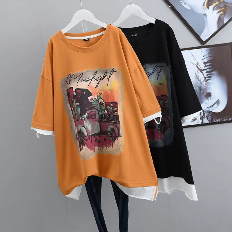 2022 Summer New Loose Thin Retro Hand-painted Short Sleeved T-shirt Casual Simple Street Women Fake Two-piece Tops Free Shipping
2022 Summer New Loose Thin Retro Hand-painted Short Sleeved T-shirt Casual Simple Street Women Fake Two-piece Tops Free Shipping