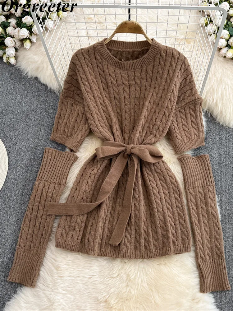 Autumn Winter Lazy Wind Short-sleeved Long Pullover Sweater Chic Casual Solid Twist Lace-Up Loose Knitwear Dress With Sleeves 
Autumn Winter Lazy Wind Short-sleeved Long Pullover Sweater Chic Casual Solid Twist Lace-Up Loose Knitwear Dress With Sleeves