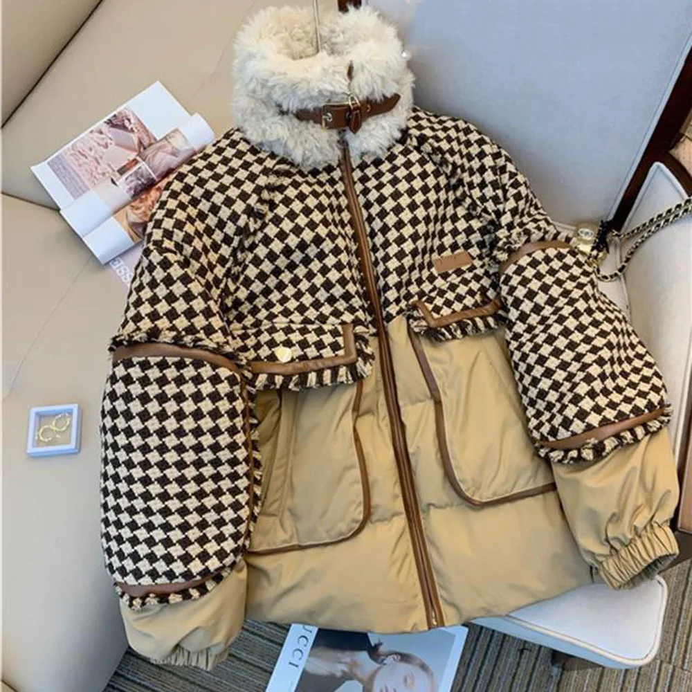 

Винтажная клетчатая комбинированная куртка с бахромой и хлопковой подкладкой для женщин, новинка 2022, Зимняя парка, пальто, женская утепленн...