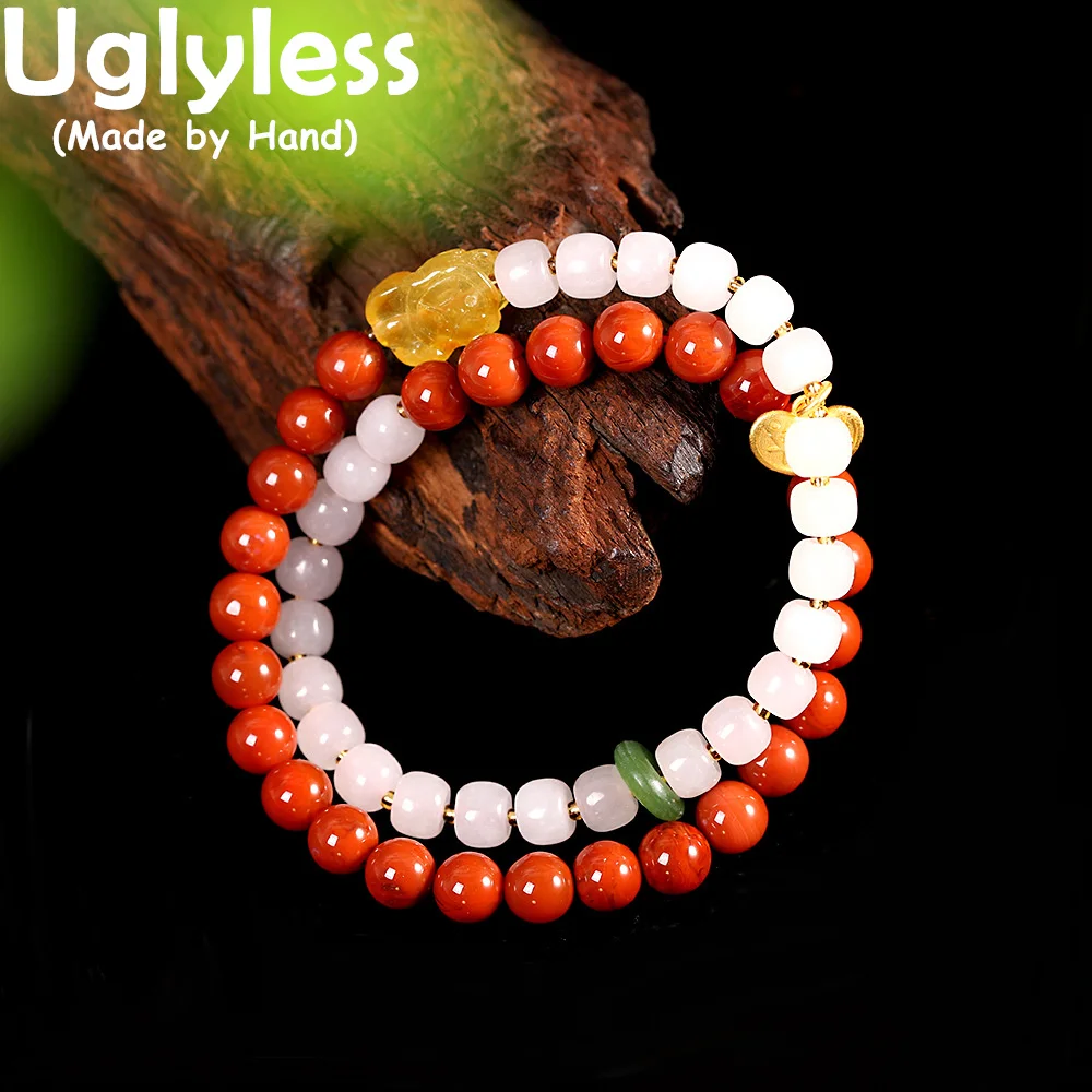 

Uglyless Shining Natural White Red Gemstones Bracelets for Women Hotan Jade Agate Bracelet Amber PIXIU Jewelry 925 Silver Bijoux