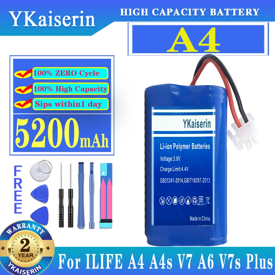 

YKaiserin A 4 5200mAh For ILIFE A4 A4s V7 A6 V7s Plus Robot Vacuum Cleaner ILife 4S 1P Full Capacity Battery + Tools