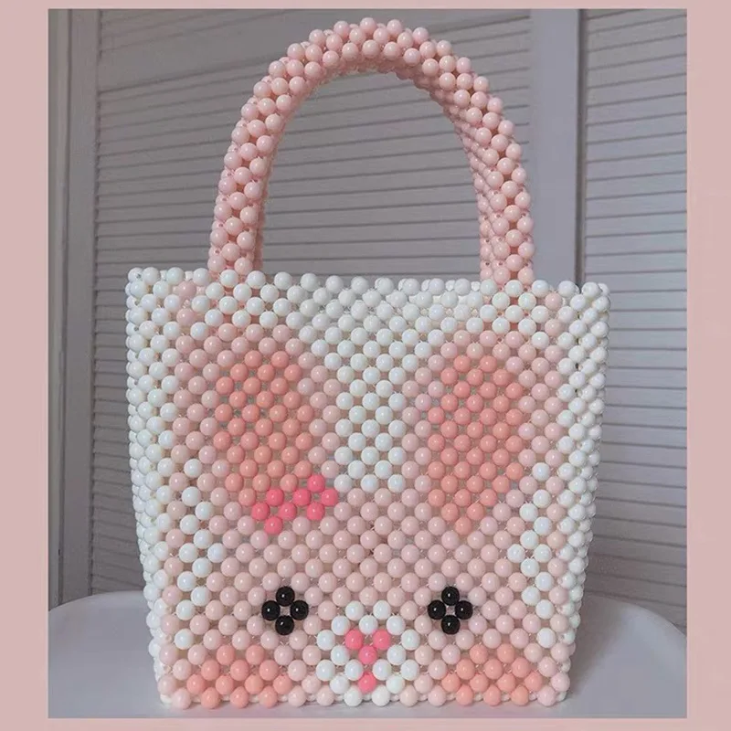 

Миниатюрная вязаная сумка через плечо с кроликом, милая дамская сумочка-тоут розового цвета с бисером, индивидуальные кошельки и сумочки по индивидуальному заказу