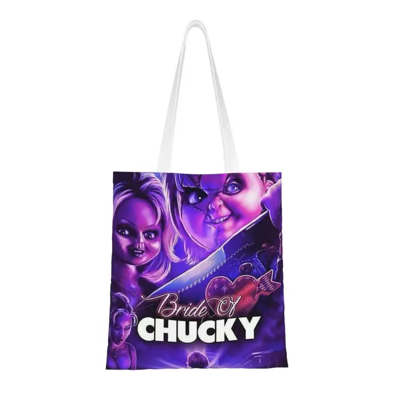 

Многоразовая сумка для покупок Bride Of Чаки, Женская Холщовая Сумка-тоут через плечо, портативные сумки для покупок из фильма «ужасы» для продуктов