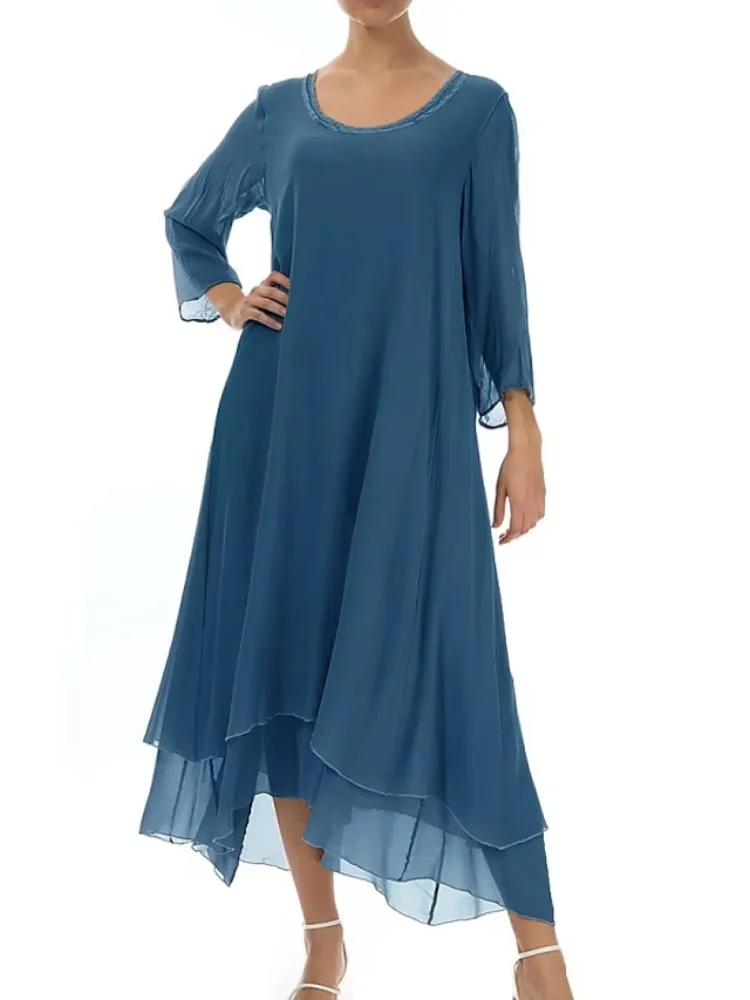 

Sheath Mother of the Bride Dress Wedding Guest Scoop Neck Asymmetrical Ankle Length Chiffon Long Sleeve with Pleats