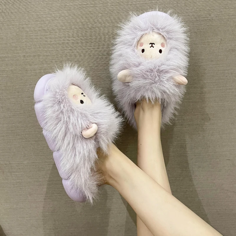 

Slippers Casual Flock Fur Shoes Winter Footwear Platform Slides Med Luxury Plush Massage Flat with fur Rubber Short Fur Shoes Ho