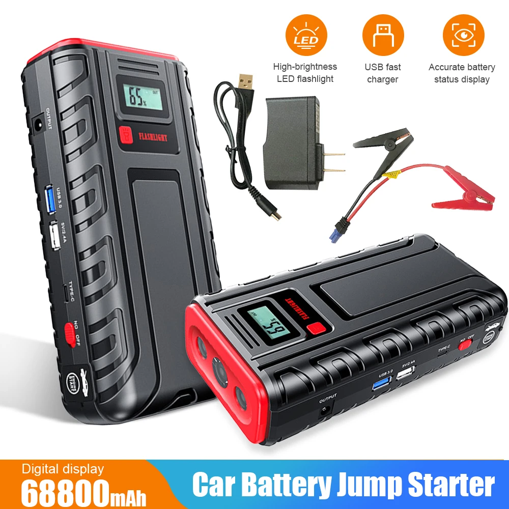68800mAh Car Battery Jump Starter Portable Power Bank 2000A with Dual USB Fast Charger LED Flashlight Emergency Auto Accessories
68800mAh Car Battery Jump Starter Portable Power Bank 2000A with Dual USB Fast Charger LED Flashlight Emergency Auto Accessories