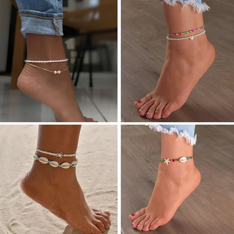 

Bohemian color rice bead double layer anklet for women national turquoise sea star natural shell pearl anklet bracelet jewelry