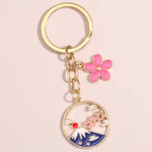 Cartoon Keychain Japan Fuji Mountain Sakura Key Ring Flower Enamel Key Chains Souvenir Gifts For Women Men DIY Handmade Jewelry