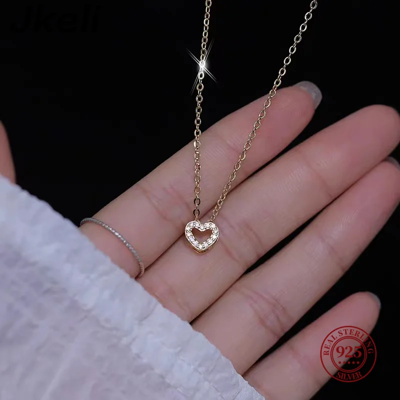 

Jkeli- S925 Sterling Silver Simple Zircon Heart Pendant Clavicle Chain Necklace Women Classic Fashion 14k Real Gold Plating Pytr