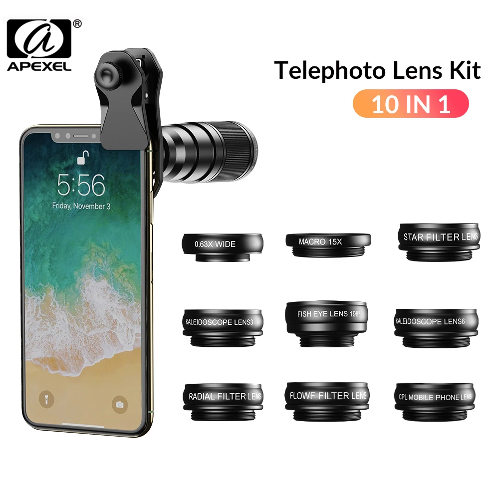APEXEL Phone Camera Lens Kit 10 in 1 Lenses for Smartphones 22X Telephoto 0.63X Wide Angle 15x Macro Lens Fisheye Kaleidoscope
APEXEL Phone Camera Lens Kit 10 in 1 Lenses for Smartphones 22X Telephoto 0.63X Wide Angle 15x Macro Lens Fisheye Kaleidoscope