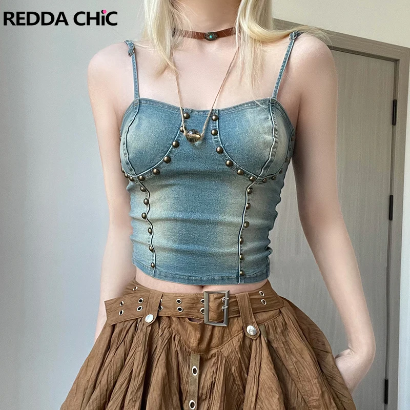 

REDDACHiC Women Y2k Beaded Corset Top Denim Acubi Fashion Vest Elastic Sleeveless Blue Retro 90s Camisole Grunge Vintage Clothes