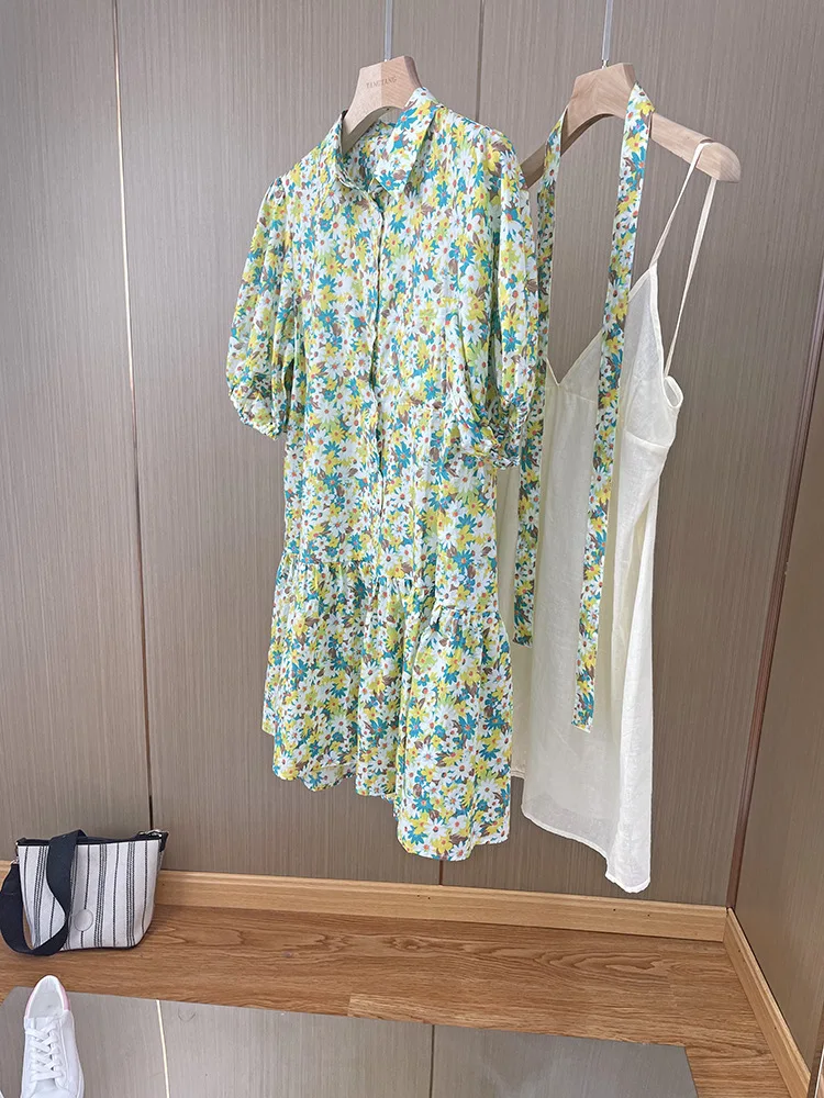 

Women Sweet Daisy Print Mini Dress 2022 Summer Two Piece Set Loose Ladies Short Sleeve Single-Breasted Ruffles Trim Short Robes