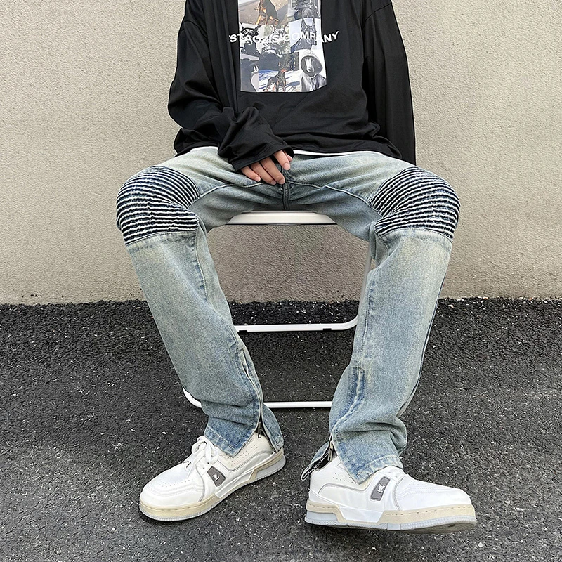 Men's Wide Leg Pants 2022 Autumn/Winter Retro Blue High Street Stitching Motorcycle Washed Jeans Men Straight Zipper Slit Pants
Men's Wide Leg Pants 2022 Autumn/Winter Retro Blue High Street Stitching Motorcycle Washed Jeans Men Straight Zipper Slit Pants