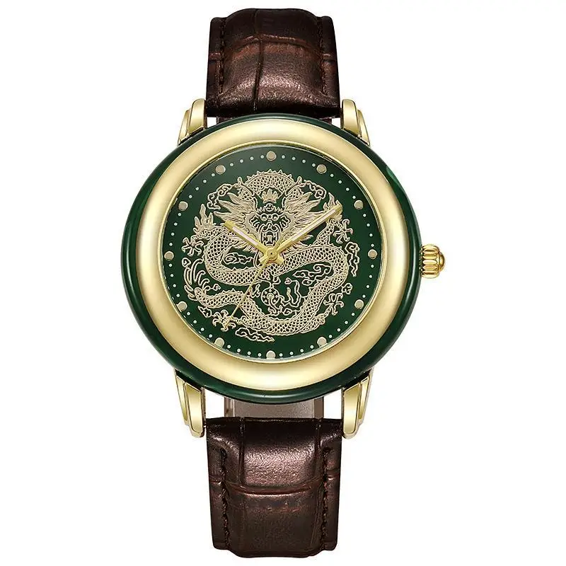 

Винтажные зеленые нефритовые часы, кварцевые наручные часы с алмазной инкрустацией, часы для пар, мужские и женские, роскошные золотые часы с 12 знаками Зодиака, резьба по дракону