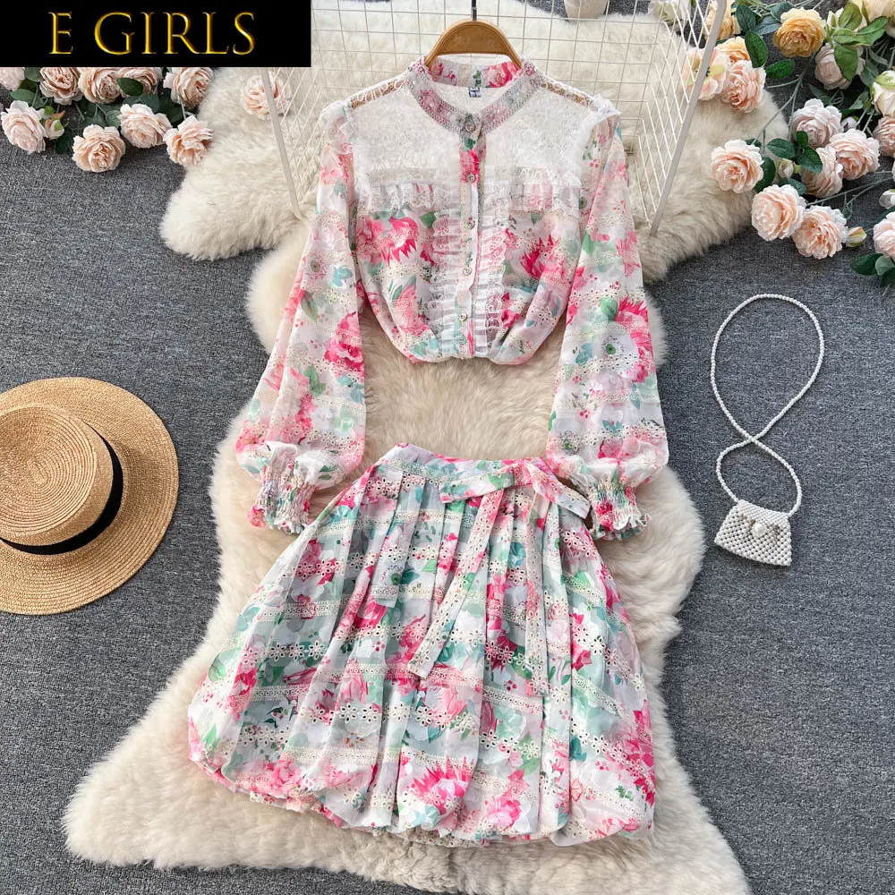 E GIRLS Spring New Women's Fashion Printing Embroidery Stitching Lace Suit Women's Long-sleeved Shirt+pleated Skirt Two-piece Se
E GIRLS Spring New Women's Fashion Printing Embroidery Stitching Lace Suit Women's Long-sleeved Shirt+pleated Skirt Two-piece Se