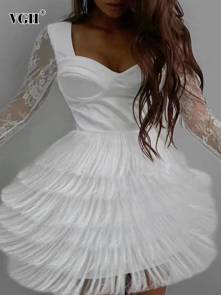 VGH Sexy Lace Panel Mini Dress For Women Square Collar Long Sleeve Patchwork Tassel Gathered Waist Dresses Female Clothing Style
VGH Sexy Lace Panel Mini Dress For Women Square Collar Long Sleeve Patchwork Tassel Gathered Waist Dresses Female Clothing Style