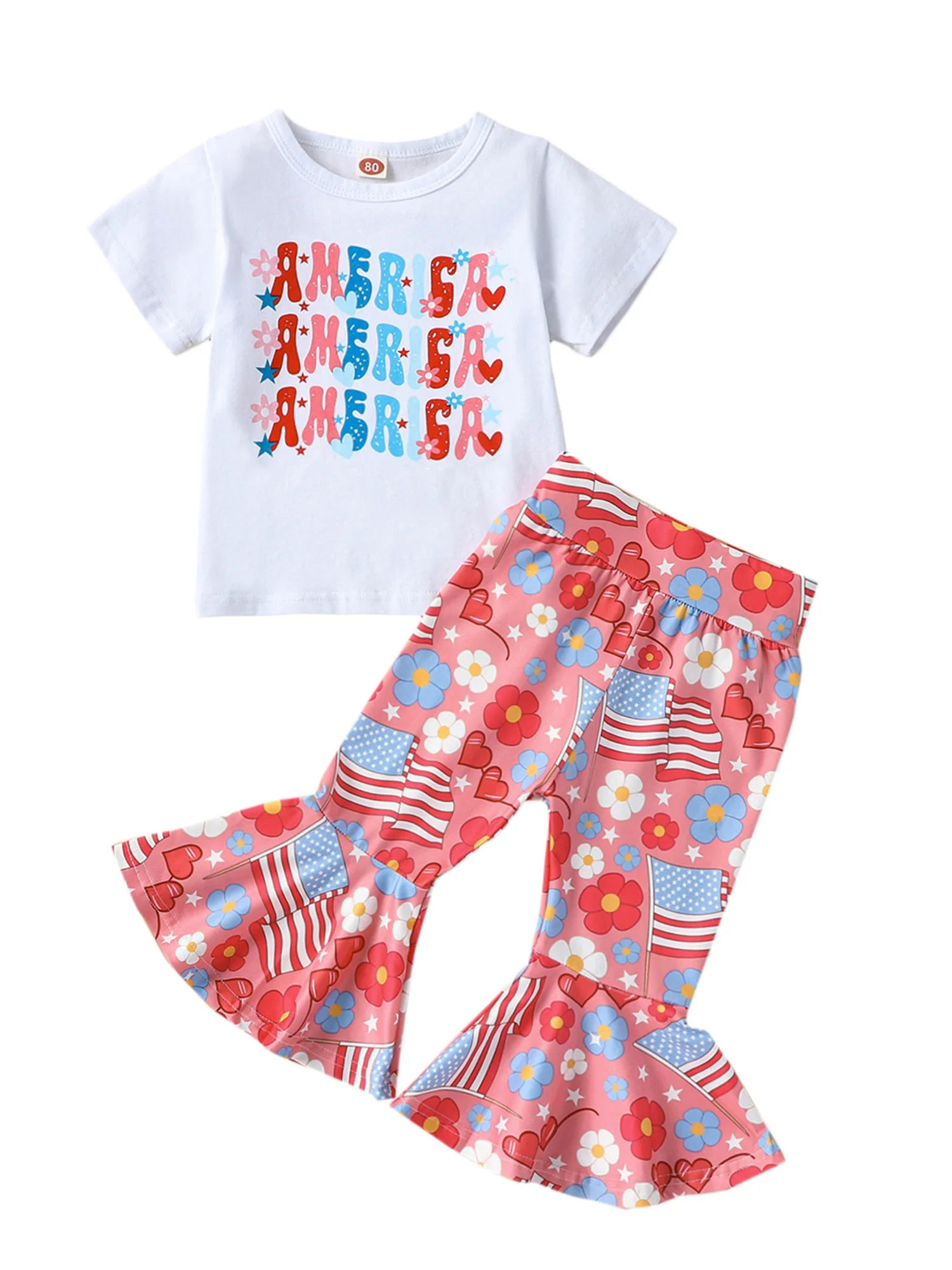 

Kids Girls Summer 2PC Outfits Letter Print Short Sleeve T-Shirt and Retro High Waist Elastic Stripes Flare Pants