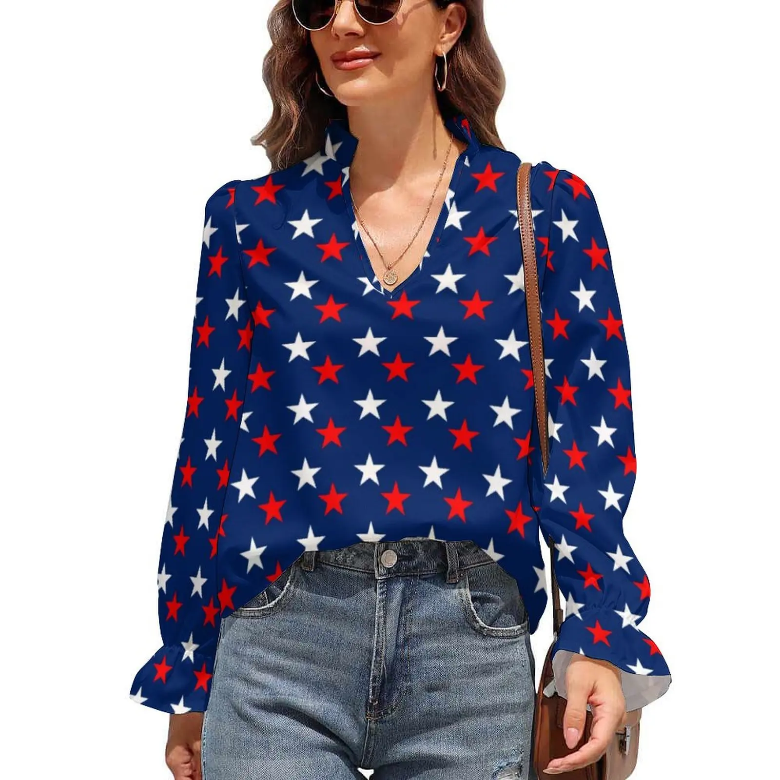 USA Flag Blouse American Star Patriotic Basic Chiffon Blouses Autumn V Neck Long-Sleeve Cool Shirts Female Graphic Tops
USA Flag Blouse American Star Patriotic Basic Chiffon Blouses Autumn V Neck Long-Sleeve Cool Shirts Female Graphic Tops