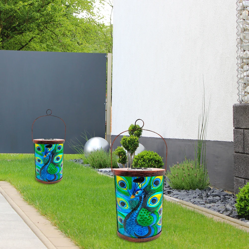 LED Solar Lantern Light Wrought Iron Peacock Glass Painting Hanging Lamps Waterproof Outdoor Garden Yard Art Decor 
LED Solar Lantern Light Wrought Iron Peacock Glass Painting Hanging Lamps Waterproof Outdoor Garden Yard Art Decor