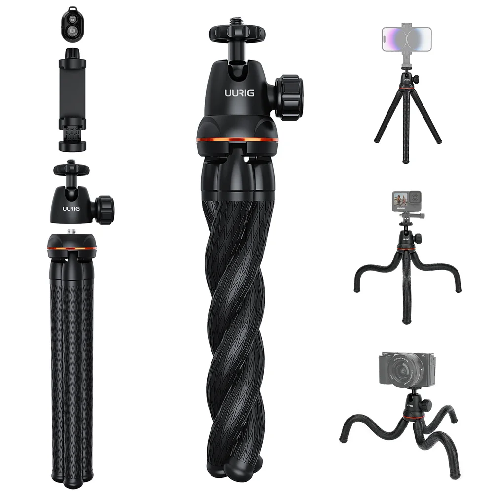 

UURIG Octopus Flexible Tripod For Phone SLR DSLR Gopro Camera Tripod Extend 1/4'' Screw With Ballhead ColdShoe Phone Clip Remote