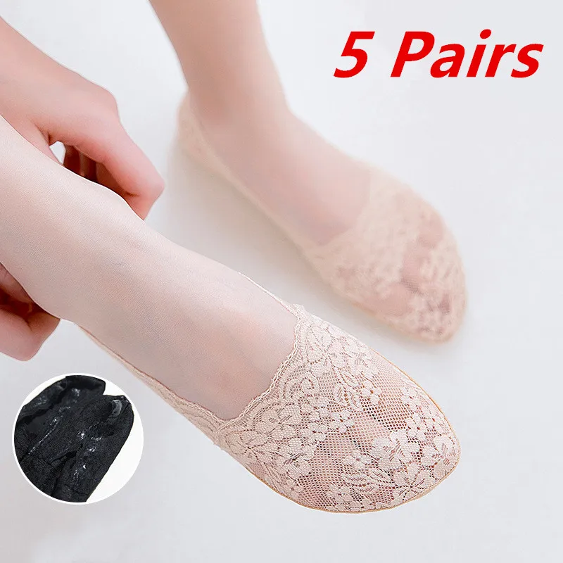 

5 Pairs Fashion Women Girls Summer Socks Style Lace Flower Short Sock Antiskid Invisible No Show Cotton Ankle Boat Socks