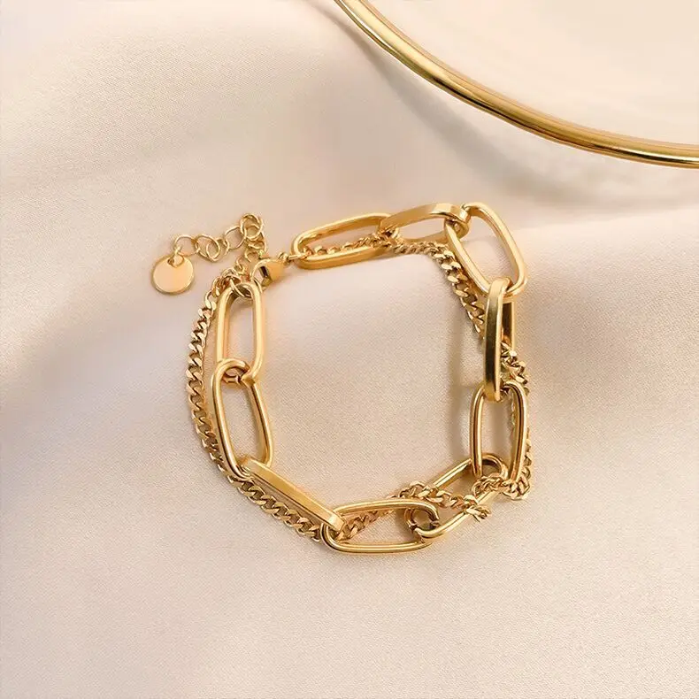 Titanium steel material retro fashion golden long chain double thick bracelet female tide brand with accessories
Titanium steel material retro fashion golden long chain double thick bracelet female tide brand with accessories